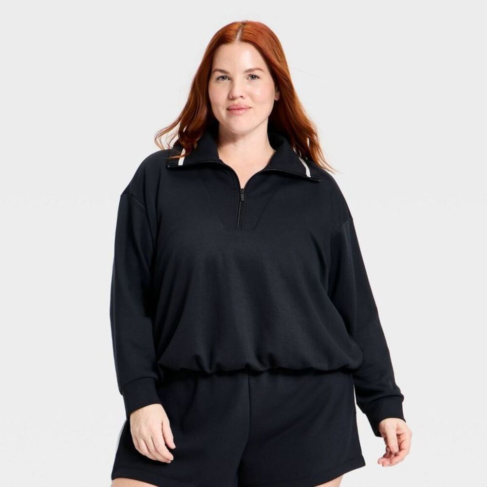 Women's Airy Sleek Piqué Half-Zip Bubble Hem Sweatshirt - Black 4X